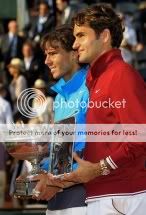 roger federer and rafael nadal with french open trophy 2011